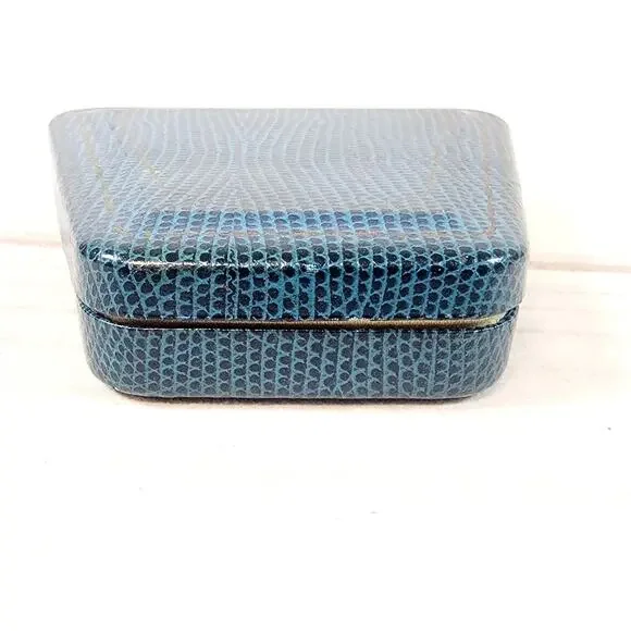 Vintage Jewelry Trinket Presentation Box Blue Metal Faux Snakeskin Velvet - Picture 6 of 14